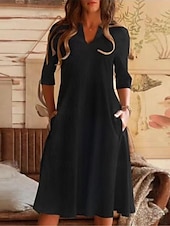 preiswerte Kleider aus Baumwolle und Leinen entwerfen-Damen Schwarz Blau Grau Sommer Frühling Midikleid Baumwoll-Leinen-Kleider Freizeitkleid Baumwoll-Sommerkleid Basic Modern Täglich Wochenende Lässiger Schnitt Einfach V-Ausschnitt