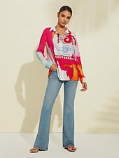 cheap Shirts,Tops &amp; Blouses-Graphic Print Long Sleeve Blouse