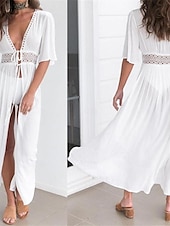 ieftine Rochii Albe din Dantela-Pentru femei Rochie Maxi Rochie albă Rochie casual Rochie leagăn Rochie A line Șic Stradă Linie A Vacanță Concediu Plajă Fit regulat Manșon Jumate În V Negru Alb Albastru piscină Vară