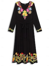 preiswerte abendkleider-Besticktes Maxikleid für Damen, V-Ausschnitt, lange Ärmel, Blumenmuster, Folk-inspiriert, schwarz, mehrfarbig, elegant, leger bis halbformell, für Frühling und Herbst, leicht, bequeme Passform, in