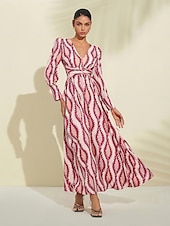 economico Abiti floreali-Per donna Orlo maxi Raso Maxi Vestito maxi SALMONE Bianco Manica lunga Modello di piante Fiore / Piante Pulsante pianta Primavera A V Abito volante S M L