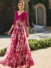 cheap Floor Length-Beach Wedding A-Line Mother of the Bride Dress Formal Wedding Guest Elegant V Neck Floor Length Chiffon 3/4 Length Sleeve with Flower Wedding Guest Dress 2025 free custom size