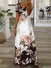 preiswerte Druck Blumen Kleider-Damen Freizeitkleid Blumendruck V-Ausschnitt Langes Kleid Maxikleid Urlaub Kurzarm Sommer