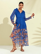 economico abito casual stampato-abito boho in chiffon con fiori tropicali e maniche a sbuffo
