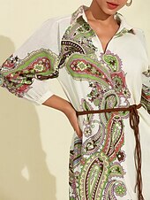 שמלת חולצת מידי בחגורת פייזלי בוהו זול הדפס שמלת קז'ואל-שמלת חולצת מידי בחגורת פייזלי בוהו