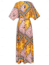 フォークプリント Vネックマキシドレス お買い得  プリントカジュアルドレス-フォークプリント Vネックマキシドレス