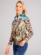 economico Animali Tops-Camicia da donna Marrone Animale Giraffa Bottoni Stampa Maniche Lunghe Quotidiano Weekend Camicia Base Collo Regolare S