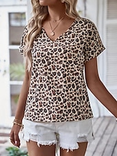 levne tričko umění a designu-Dámské Tričko Leopard Módní Krátký rukáv Do V Běžné topy Ležérní Denní Tisk Hnědá Léto