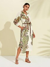 שמלת חולצת מידי בחגורת פייזלי בוהו זול הדפס שמלת קז'ואל-שמלת חולצת מידי בחגורת פייזלי בוהו