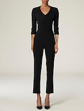 economico Lunghezza del pavimento-Jumpsuit con sovraspettacolo Abito per la madre della sposa Abito elegante semplice nero scollo a V strascico  strascico in tessuto elasticizzato maniche a tre quarti con colore solido dress to