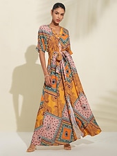 フォークプリント Vネックマキシドレス お買い得  プリントカジュアルドレス-フォークプリント Vネックマキシドレス