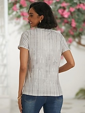 baratos Camiseta lisa-Mulheres Camiseta Listrado Básico Clássico Estampado Manga Curta Decote V Tops regulares Casual Feriado Final de semana Imprimir Branco Cinzento Verão Primavera