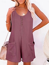 billiga Rompers-Dam Vanligt Jumpsuits Streetwear Ensfärgat Ärmlös V-hals Knappar Ficka Gata Dagligen Normal Svart Rodnande Rosa Vin Sommar