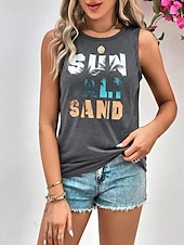 billiga Damlinnen och blusar-Damers Spaghetti Tank Top Västs Semester Tropisk Mode Bokstavstryck Ärmlös Regelbundna Toppar Crew Neck Avslappnad Svart Grå Sommar