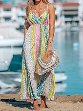 billige Ferie kjoler-kvinners fritidskjole slipkjole floral geometrisk ryggløst trykk stropp lang kjole maxi kjole boho ferie ermeløs sommer