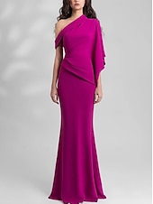 billiga LILA-Havfrue Bröllopsgäst Klänningar Elegant Klänning Formal Bröllopsgäst Golvlängd Ärmlös En axel Rosa Klänning Chiffong med Fåror
