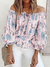 cheap Sexy Tops-Women&#039;s Shirt Blouse Floral Fashion Long Sleeve Cold Shoulder Off Shoulder Regular Tops Casual Holiday Lace up Buttons Print White Pink Blue Beige Summer