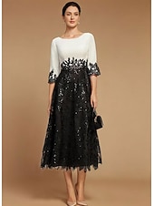 baratos Comprimento do chão-A-Line Vestido para a Mãe da Noiva Convidada de Casamento Elegante Vintage Decote Joia Comprimento Chá Renda Manga Curta com Bloco de Cores de Renda 2025 tamanho personalizado grátis