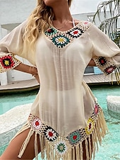 ieftine Rochii de plajă-Pentru femei Rochie albă Rochie Mini Bufantă Peteci Vacanță Plajă Sexy Boho În V Lungime Manșon 3/4 Negru Alb Roșu-aprins Culoare