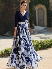 cheap Floor Length-Beach Wedding A-Line Mother of the Bride Dress Formal Wedding Guest Elegant V Neck Floor Length Chiffon 3/4 Length Sleeve with Flower Wedding Guest Dress 2025 free custom size