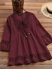 cheap Shirts-Women&#039;s Shirt Lace Shirt Blouse Eyelet top Plain Basic Modern 3/4 Length Sleeve Crew Neck Regular Tops Casual Lace Patchwork Black White Wine Navy Blue Summer Spring