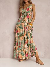 preiswerte Kleider für die Ferien-Damen Freizeitkleid Unterkleid Blumen rückenfrei Print Träger langes Kleid Maxikleid Hawaii Urlaub Strand ärmellos Sommer