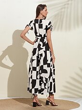 זול Jumpsuits-סרבל גיאומטרי עם שרוך עם כפתור