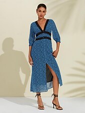 abordables robe décontractée imprimée-Femmes Robe trapèze Robe Fleurie Robe Imprimée Robe Midi Bleu Manches mi-longues Fleurs / Plantes Style Floral Imprimé Longue Printemps &amp; Été Col en V Façade en V Doux Date S M L