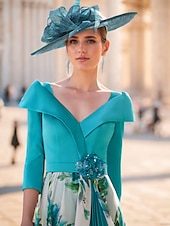 preiswerte Bodenlänge-A-Linie Brautmutterkleid Formal Hochzeitsgast Elegantes V-Ausschnitt Knöchellanges Chiffon Stretchgewebe 3/4-Länge Ärmel mit Falten Blumen Derbykleid Rennsportskleid Hochzeitsgastkleid 2025