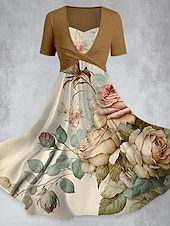 abordables Robes fleuries décontractées-Femme Robe mi-longue Robe d&#039;été Elégant Bohême Vacances Rendez-vous Ample Graphic Manche Courte Col V Noir Jaune Rose Claire Marron Eté