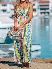 billige Ferie kjoler-kvinners fritidskjole slipkjole floral geometrisk ryggløst trykk stropp lang kjole maxi kjole boho ferie ermeløs sommer