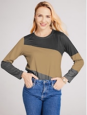 お買い得  ストライプ＆ジオメトリックTシャツ-女性用 Tシャツ カラーブロック 日常 ベーシック 長袖 ラウンドネック レギュラートップス 日常 週末 プリント ピンク ブルー グリーン カーキ色 秋冬