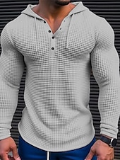 billiga Våffelstickad t-shirt-Herr Våffelskjorta T-shirt T-tröja Långärmad tröja Långärmad Huva Vår &amp; Höst Slät Mode Designer Grundläggande Semester Gata Utekväll Vit Khaki grön Ljusgrå Topp t-shirt för män