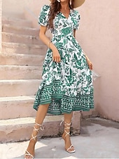 preiswerte Elegante Blumenkleider-Damen Midikleid Casual kleid Schaukelkleid A Linie Kleid Sommerkleid Strassenmode A-Linie Urlaub Strasse Festtage Regular Fit Blumen Kurzarm V Ausschnitt Schwarz Rote Blau Grün Sommer