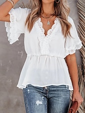 voordelige Elegante topjes-Overhemd Kanten overhemd Blouse Wit kanten overhemd Dames Zwart Wit Effen Kant Soepelvallende tuniek Straat Dagelijks Modieus V-hals Normale pasvorm S
