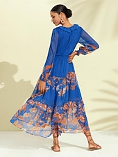 economico abito casual stampato-abito boho in chiffon con fiori tropicali e maniche a sbuffo