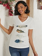 abordables T-shirt Art &amp; Design-t-shirt femme basique imprimé manches courtes hauts réguliers col en V décontracté week-end blanc bleu