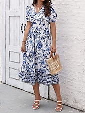 preiswerte Elegante Blumenkleider-Damen Midikleid Casual kleid Schaukelkleid A Linie Kleid Sommerkleid Strassenmode A-Linie Urlaub Strasse Festtage Regular Fit Blumen Kurzarm V Ausschnitt Schwarz Rote Blau Grün Sommer