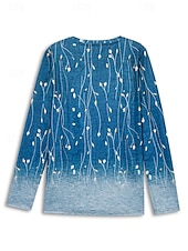 billige Blomster t-skjorte-dame t-skjorte elegant mote basic blomsterprint lange armer vanlige topper rund hals ferie helg blå fuchsia grå lyseblå høst &amp;amp; vinter