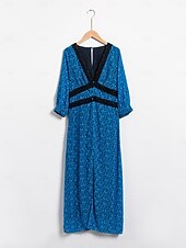 abordables robe décontractée imprimée-Femmes Robe trapèze Robe Fleurie Robe Imprimée Robe Midi Bleu Manches mi-longues Fleurs / Plantes Style Floral Imprimé Longue Printemps &amp; Été Col en V Façade en V Doux Date S M L