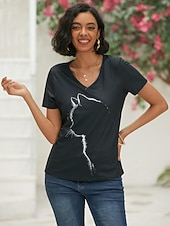 cheap Animals tee-Women's T shirt Tee Black Graphic Cat Print Short Sleeve Daily Weekend Basic V Neck Regular 3D Cat S