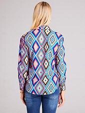 economico Top a Righe e Geometrici per Donne-Camicia da donna basic neon e bottoni geometrici stampa maniche lunghe top regolare colletto casual blu marrone verde primavera autunno