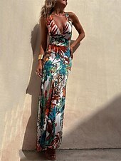 economico Abiti eleganti floreali-Per donna Abito lungo Abito lungo Abito casual Abiti Boho Chic Boemia Maxi Linea A Da mare Per eventi Taglia piccola Floreale Tropicale Senza maniche A V Nero Bianco Blu Estate