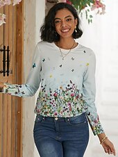 economico T-shirt floreale-Per donna maglietta Bianco Rosso Viola Floreale Farfalla Stampa Manica lunga Informale Giornaliero Essenziale Vintage Rotonda Standard Floreale Astratto Pittura S