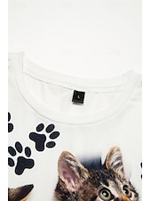 abordables T-shirt Animaux-t-shirt basique à manches courtes pour femme, imprimé chat, col rond, décontracté, week-end, blanc