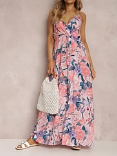 preiswerte Kleider für die Ferien-Damen Freizeitkleid Unterkleid Blumen rückenfrei Print Träger langes Kleid Maxikleid Hawaii Urlaub Strand ärmellos Sommer