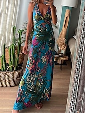 economico Abiti eleganti floreali-Per donna Abito lungo Abito lungo Abito casual Abiti Boho Chic Boemia Maxi Linea A Da mare Per eventi Taglia piccola Floreale Tropicale Senza maniche A V Nero Bianco Blu Estate