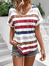 ieftine Tricou cu dungi și geometric-Tricou pentru femei T-Shirt patriotic guler în V dungi roșu alb albastru uzat cu mânecă scurtă casual de vară confortabil potrivire relaxată îmbrăcăminte de zi dimensiuni disponibile