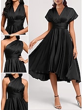 abordables Robes pour invitées de mariage-Robe de mariée invitée A-Line élégante robe formelle longueur thé d&#039;été sans manches bretelle unique satin avec fronces 2025