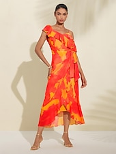 abordables Robe de cocktail-Robe mi-longue à basque pour femmes, tenue d&#039;invité de mariage, violet, orange, manches courtes, volants fleuris, cravate sur le devant, printemps &amp;amp; été asymétrique romantique s m l